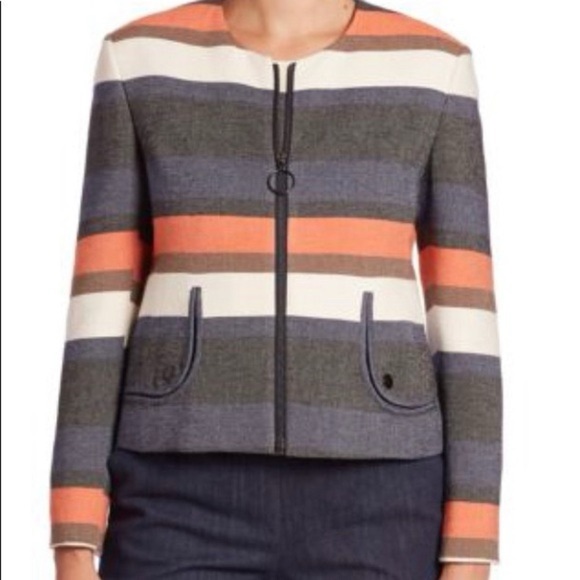 Akris Punto Orange / Ivory / Blue Multi Striped Full Zip Cotton Jacket Size 6 - Picture 1 of 13